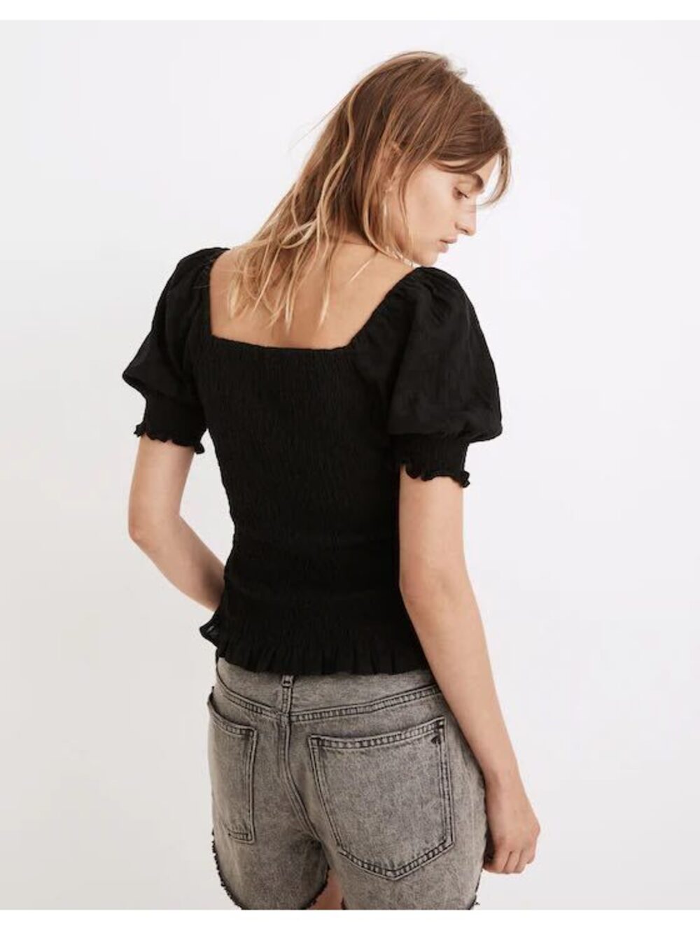 Madewell Lucie Puff-Sleeve Smocked Bodice Top Black Small - Picture 4 of 9